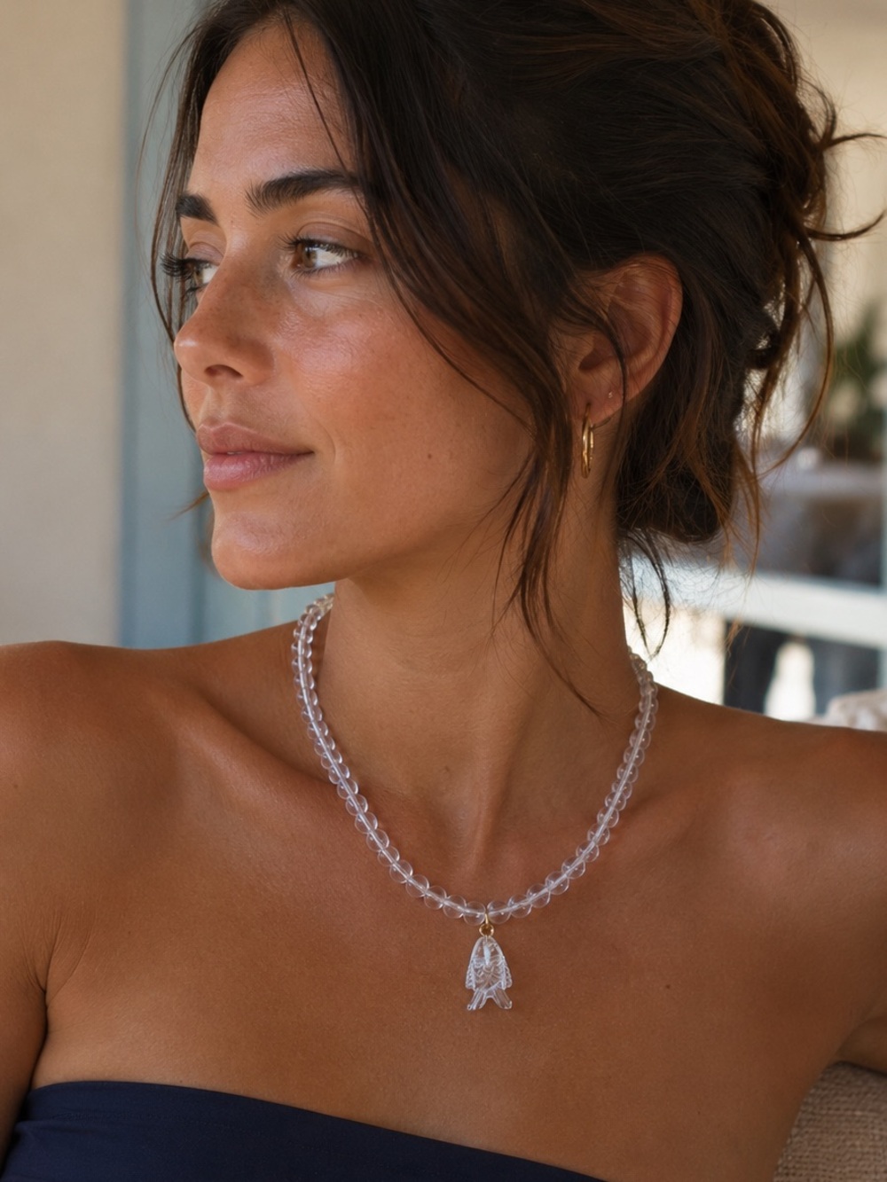 Clear Beaded Necklace with Fish Pendant